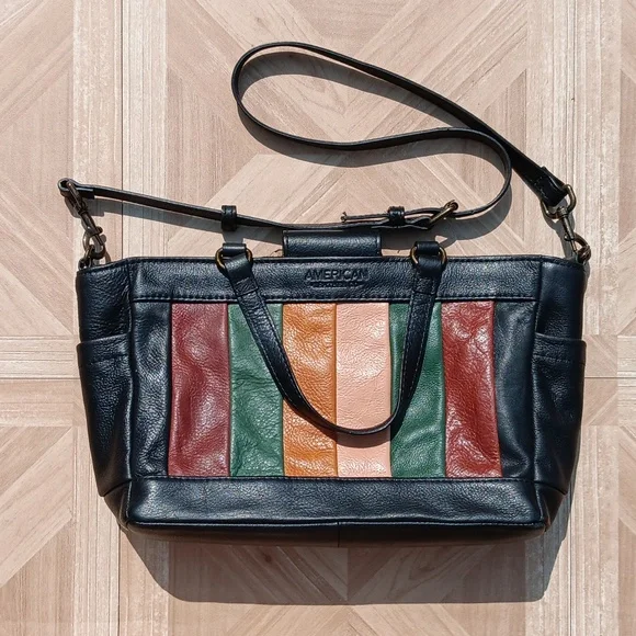 American Leather Co. Leather striped patch shoulder bag cross body bag - Picture 5 of 5